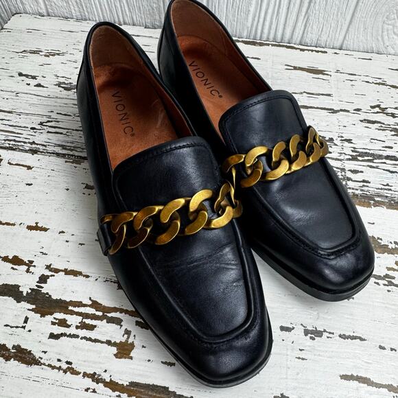 Vionic Mizelle Womens Black Leather Chunky Chain Buckle Loafer Size 6.5 U.K. 4 - Picture 3 of 9